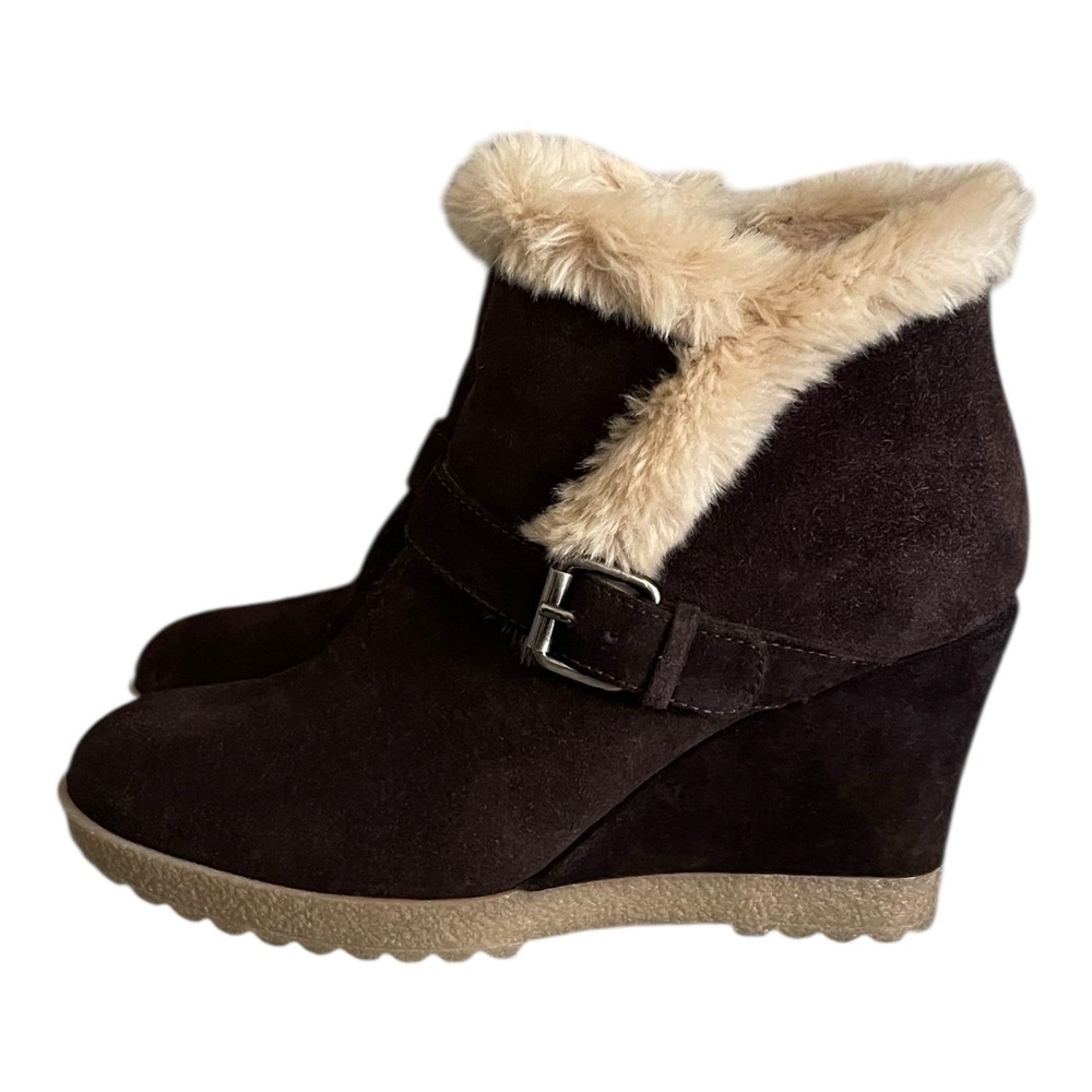 Aquatalia Carlotta Shearling‎ Trim Brown Suede Ankle Boots Retail $398